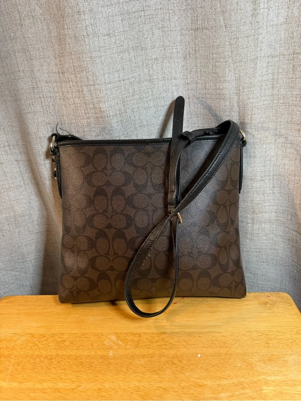 Coach Dark Brown Signature Crossbody Bag with Black Trim